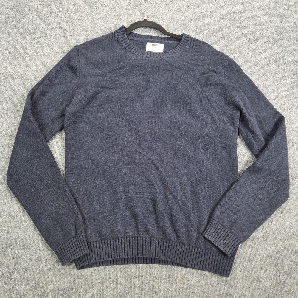 Fjallraven Sweater Mens Medium Blue Wool Crewneck Pullover Thermal Knit Logo
